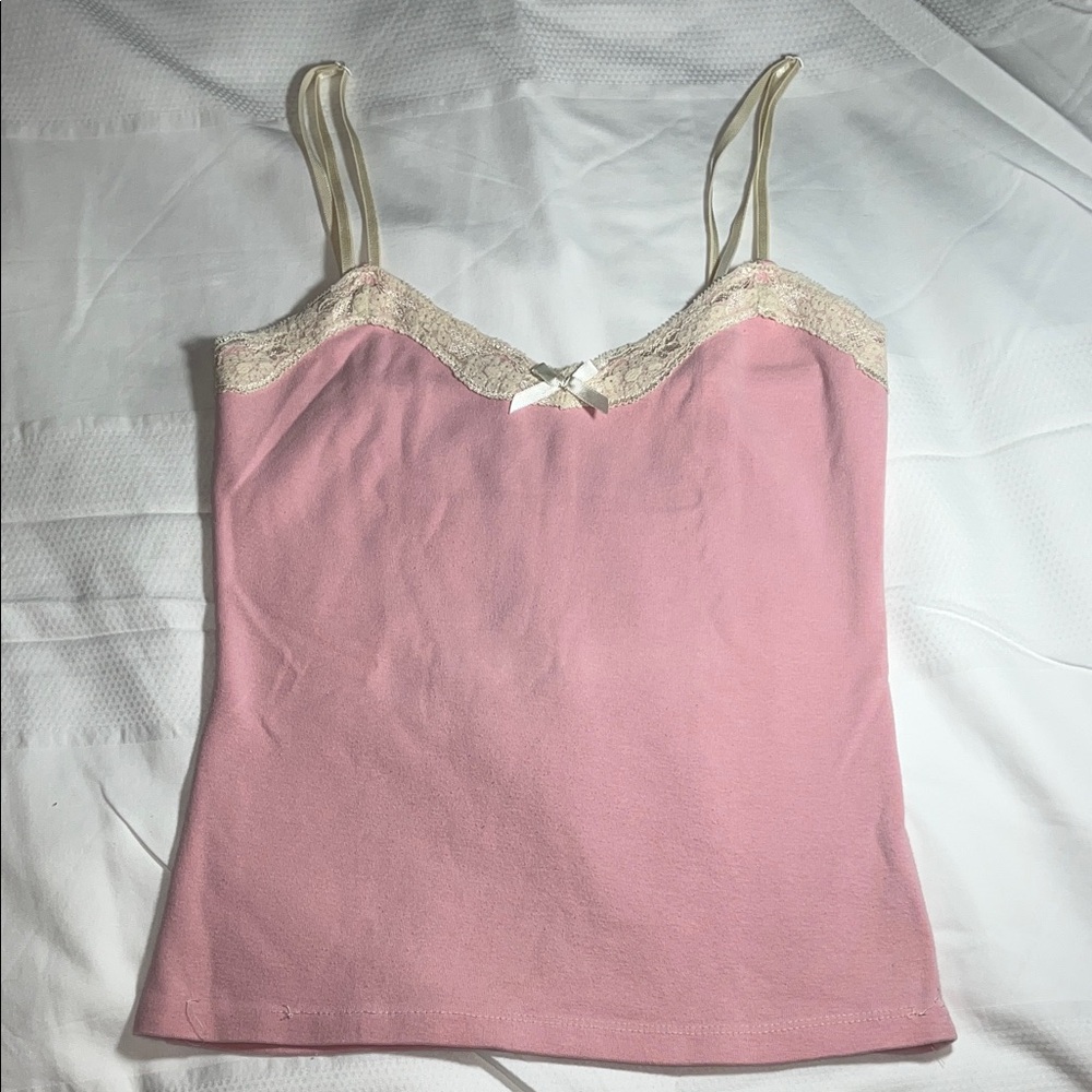 Y2k Coquette Pink Cami Baby Doll Cotton Tank Top with Lace Trim and Ribbon